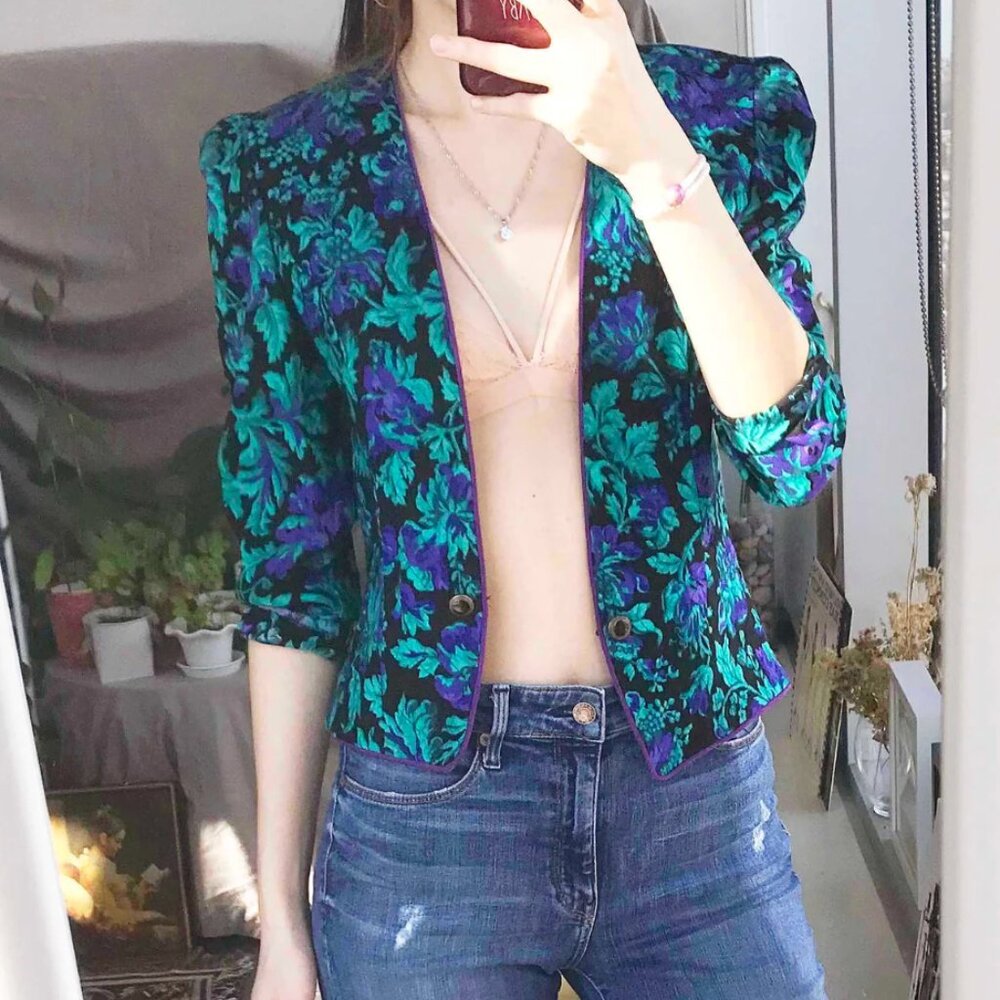 80s Quilted Floral Jacket: Purple Green Puffed Sleeve
